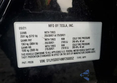 2021 Tesla Model Y z USA, uszkodzony, nr VIN 5YJYGDEF4MF268852